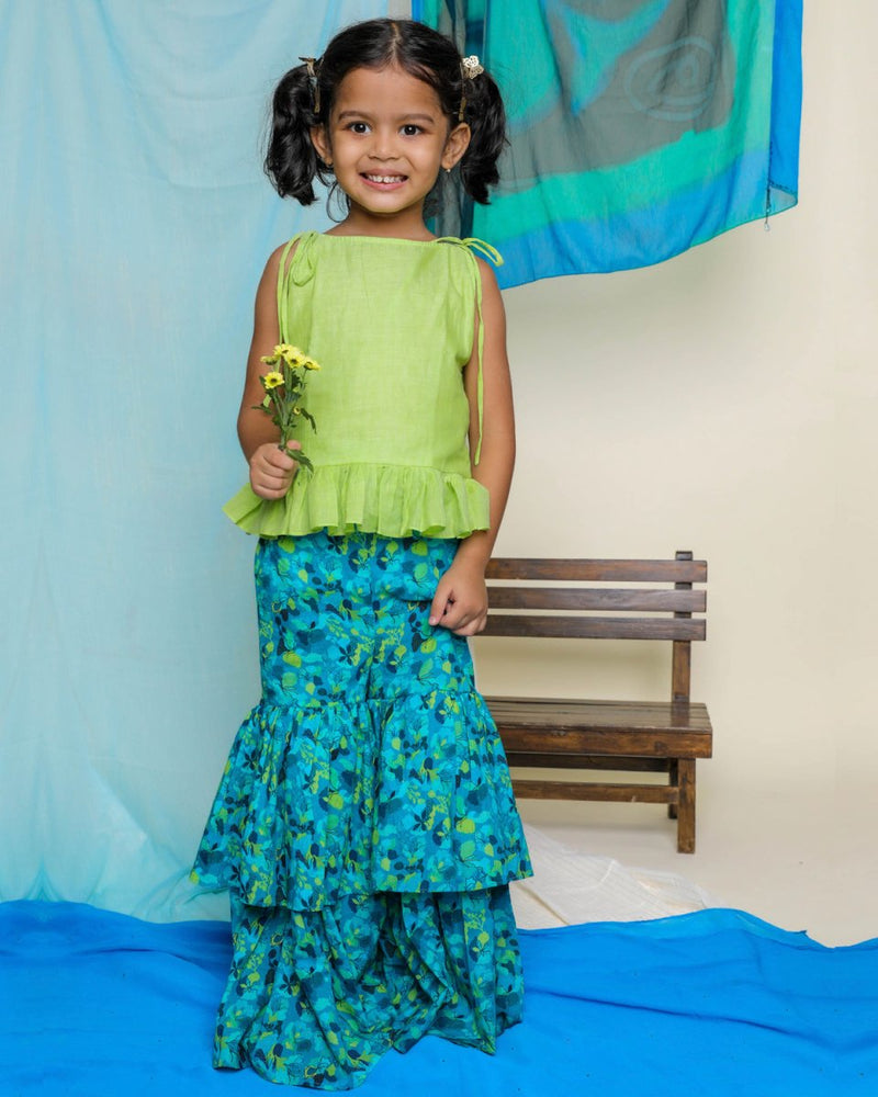 Buy Nilmohar Sharara Set | Blue & Green | Shop Verified Sustainable Kids Ethnic Sets on Brown Living™