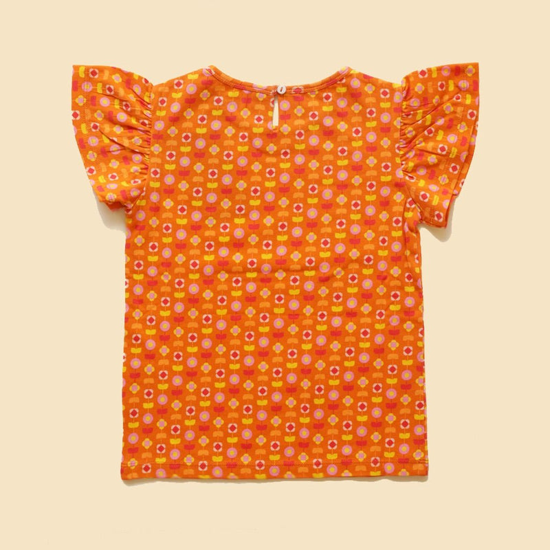 Buy Organic Cotton Flutter Sleeve Top- Indian Flora Orange | Shop Verified Sustainable Kids Top on Brown Living™