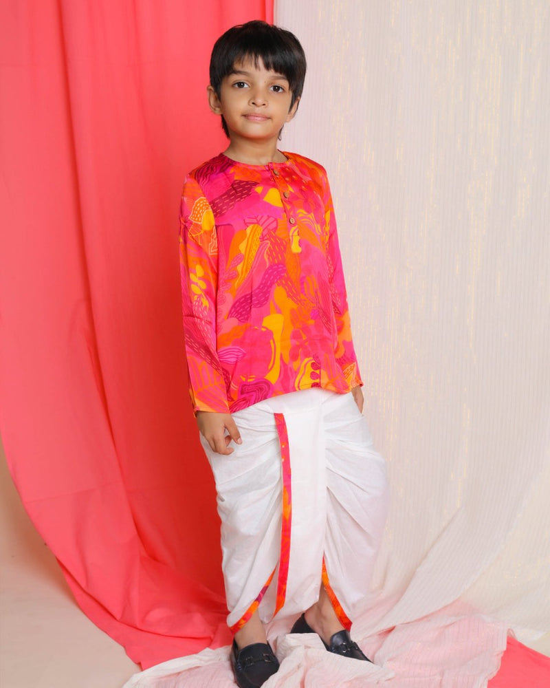 Buy Palash Dhoti-Kurta Set, Pink & Yellow | Shop Verified Sustainable Kids Ethnic Sets on Brown Living™