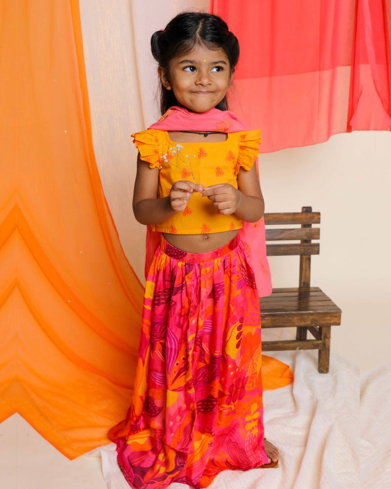 Buy Palash Lehenga Set with Embroidered Dupatta | Pink & Yellow | Shop Verified Sustainable Kids Ethnic Sets on Brown Living™