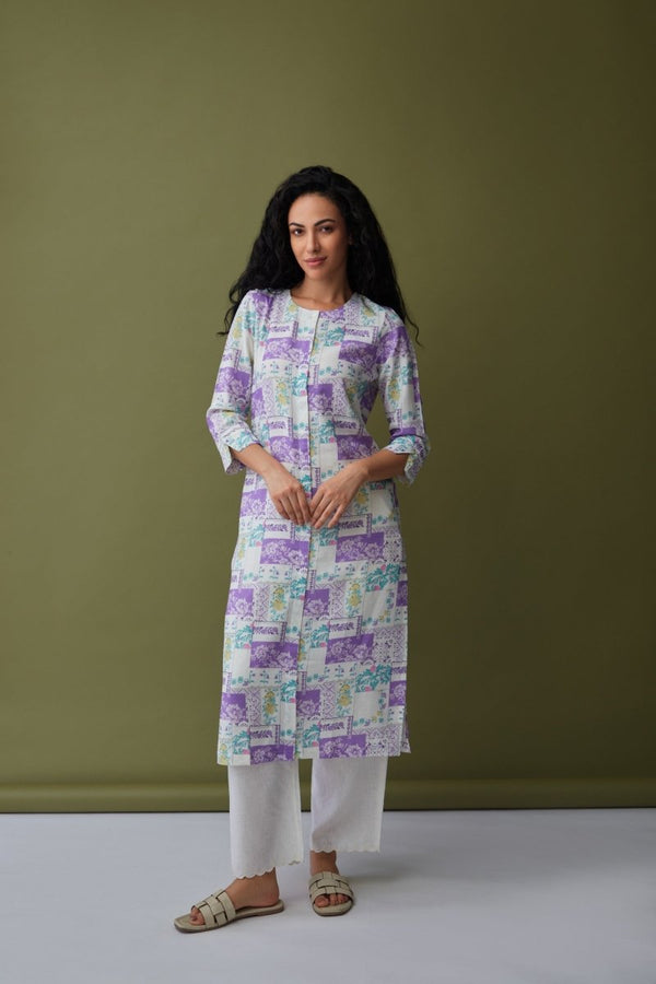 Patchwork Linen Kurta Purple | Verified Sustainable Womens Kurta on Brown Living™