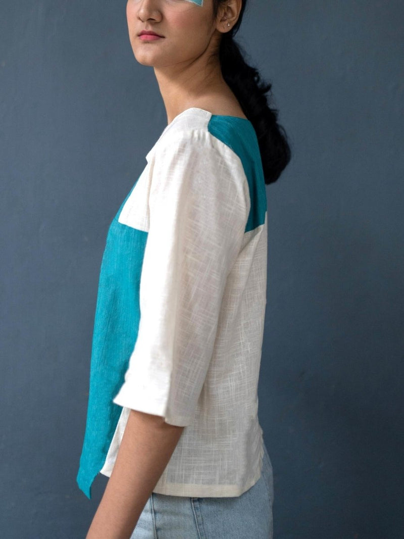 Buy Peek-a-Boo Top | 100% Handwoven Cotton Fabric | Elegant Turquoise and Cream Cotton Top | Shop Verified Sustainable Womens Top on Brown Living™