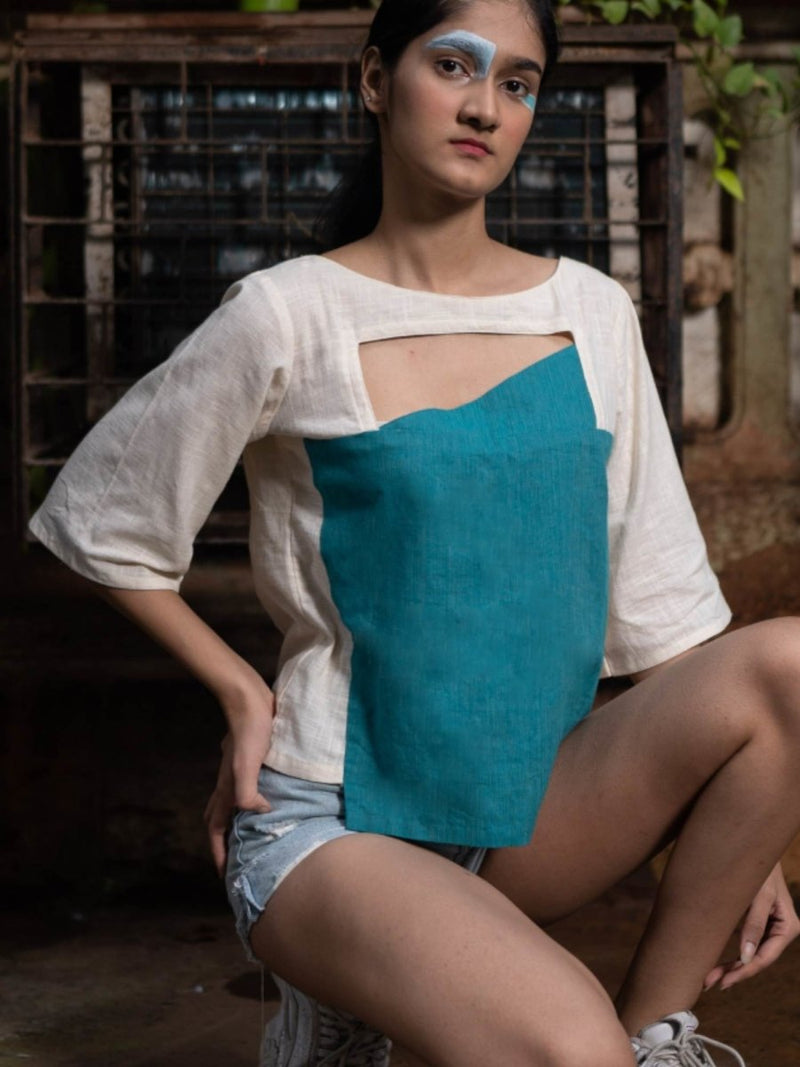 Buy Peek-a-Boo Top | 100% Handwoven Cotton Fabric | Elegant Turquoise and Cream Cotton Top | Shop Verified Sustainable Womens Top on Brown Living™