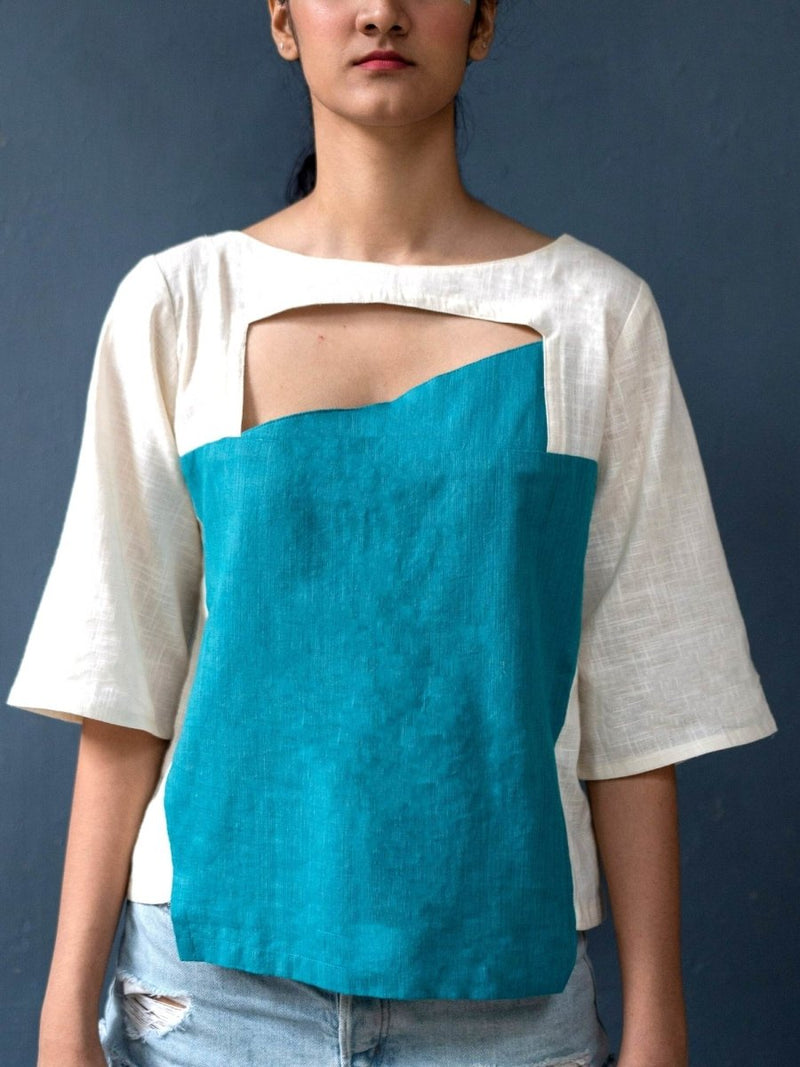 Buy Peek-a-Boo Top | 100% Handwoven Cotton Fabric | Elegant Turquoise and Cream Cotton Top | Shop Verified Sustainable Womens Top on Brown Living™