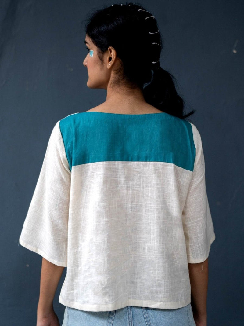 Buy Peek-a-Boo Top | 100% Handwoven Cotton Fabric | Elegant Turquoise and Cream Cotton Top | Shop Verified Sustainable Womens Top on Brown Living™