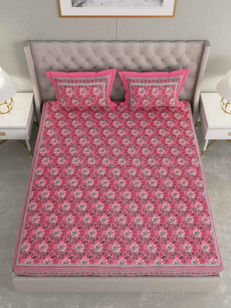 Buy Pink Floral Hand Printed Pure Cotton King Size Bedding Set | Shop Verified Sustainable Bedding on Brown Living™