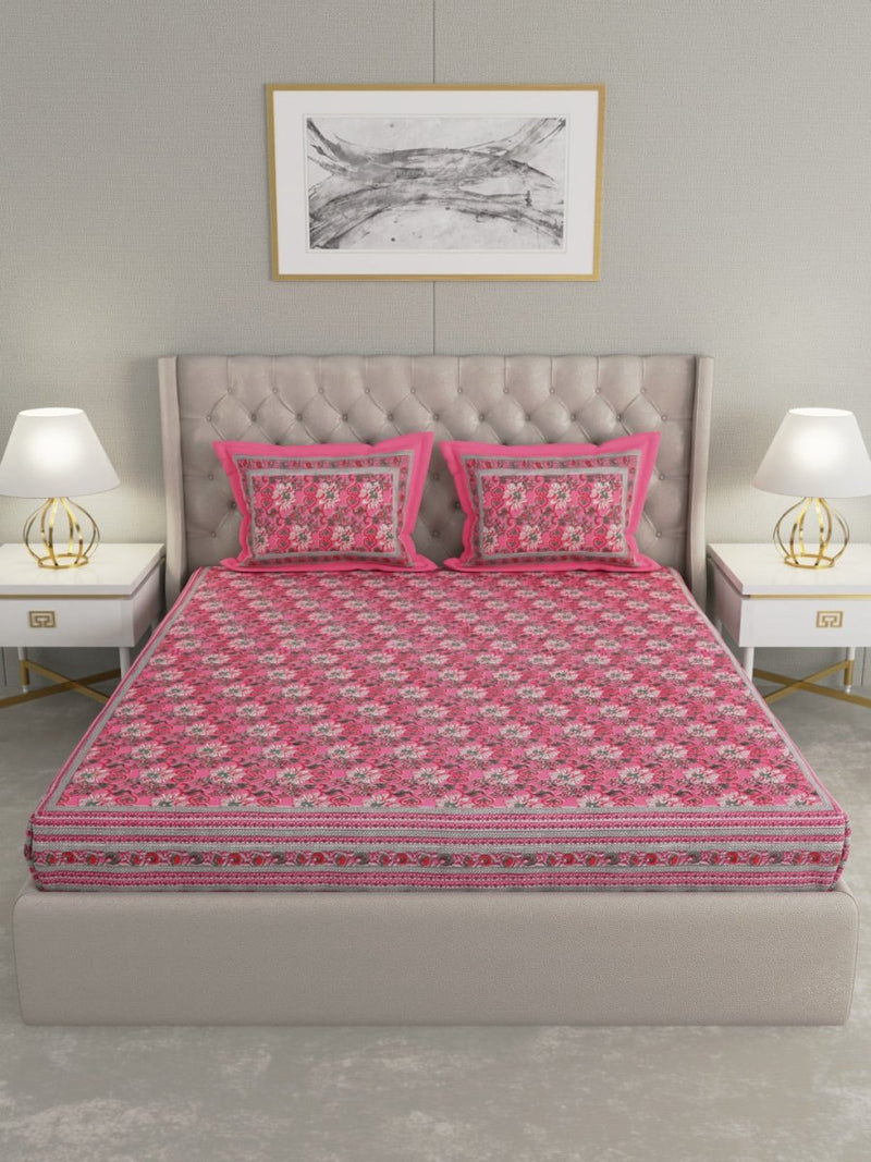 Buy Pink Floral Hand Printed Pure Cotton King Size Bedding Set | Shop Verified Sustainable Bedding on Brown Living™