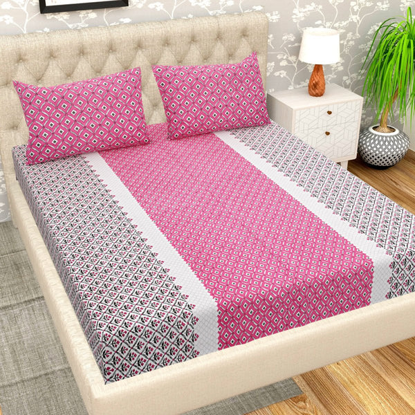 Buy Pink Jaipuri Print Pure Cotton Super King Size Bedsheet with 2 Pillow Covers | Shop Verified Sustainable Bedding on Brown Living™