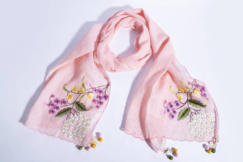 Buy Pink Linen Base With Embroidered Florals And Scalloped Edges | Shop Verified Sustainable Womens Scarf on Brown Living™