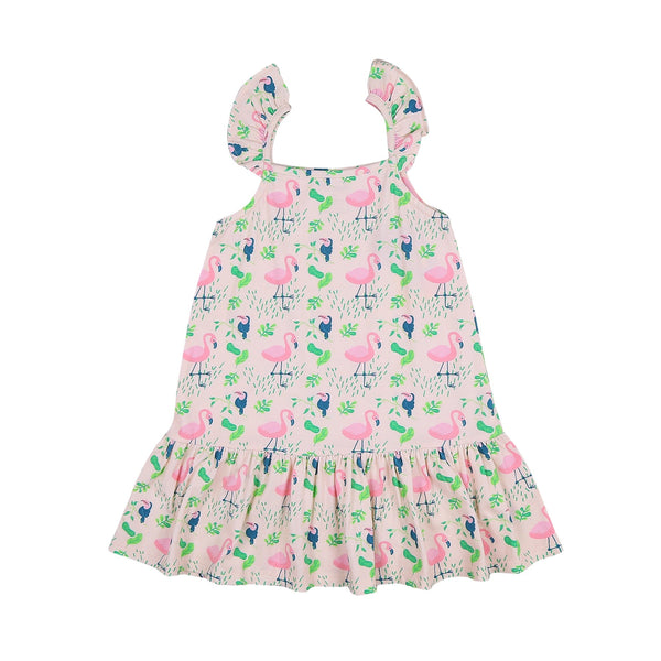 Printed Strap Cotton Dress- Flamingo Forrest | Verified Sustainable Kids Frocks & Dresses on Brown Living™