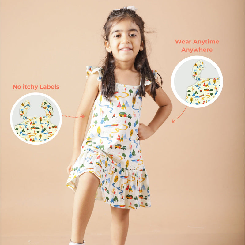 Printed Strap Cotton Dress- Happy Camping | Verified Sustainable Kids Frocks & Dresses on Brown Living™