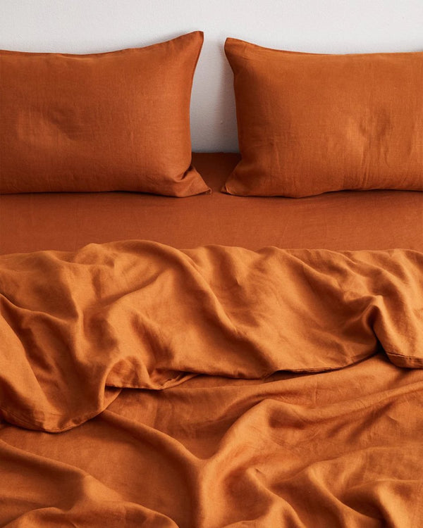 Buy Pure Linen Fitted Sheet with Pillow Covers | 3 Pc Set |Cinnamon Brown | Shop Verified Sustainable Bedding on Brown Living™