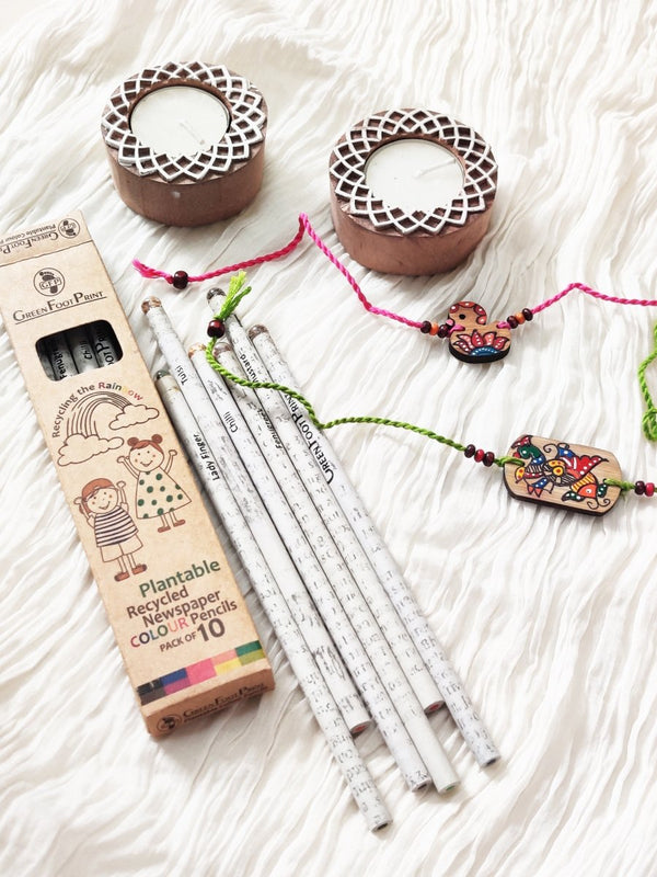 Buy Rakhi Gift hamper | Handmade Bamboo Rakhi for brother | Wooden Diyas and Plantable Colour pencils | Shop Verified Sustainable Rakhi on Brown Living™