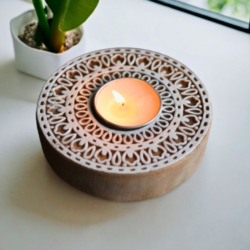 Buy Rangoli Wooden T- Light Holder with a pack of 6 soywax t- light candles | Shop Verified Sustainable Candles & Fragrances on Brown Living™