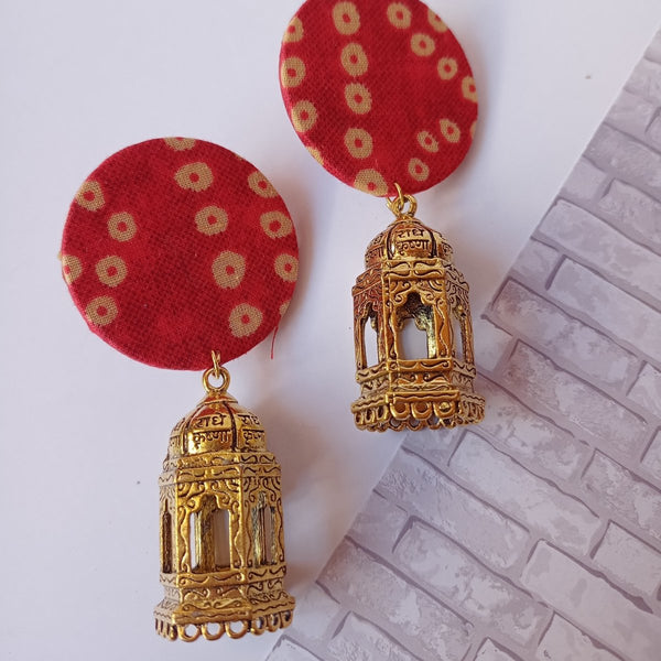 Buy Red Bandhani Print Golden Jhumka Earrings | Shop Verified Sustainable Womens earrings on Brown Living™