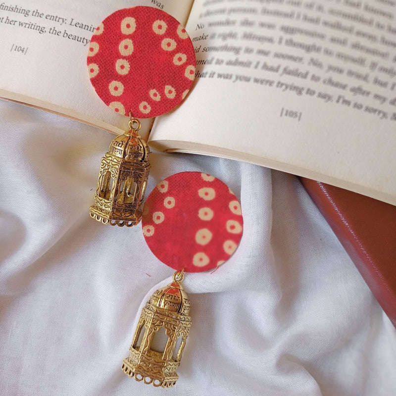 Buy Red Bandhani Print Golden Jhumka Earrings | Shop Verified Sustainable Womens earrings on Brown Living™