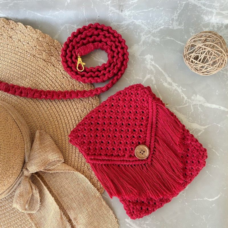 Red Macrame Mobile Sling Bag | Verified Sustainable Bags on Brown Living™