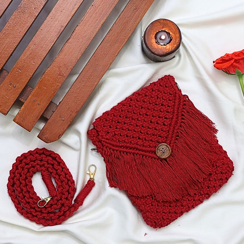 Red Macrame Mobile Sling Bag | Verified Sustainable Bags on Brown Living™