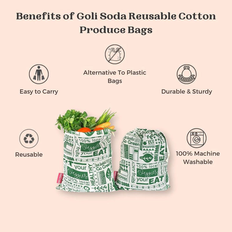 Buy Reusable Cotton Go Green Produce Bag -- Set of 4 Big 12x10 - for Veggies, Roti, Sprouting & Paneer | Shop Verified Sustainable Fridge Vegetable Bags on Brown Living™