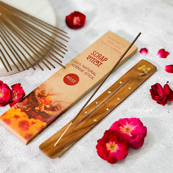 Buy Rose Natural Incense Stick Gift Pack | Made From Temple Flowers | Chemical-free | Charcoal-free | Comes with Wooden Agarbatti Stand | Shop Verified Sustainable Candles & Fragrances on Brown Living™