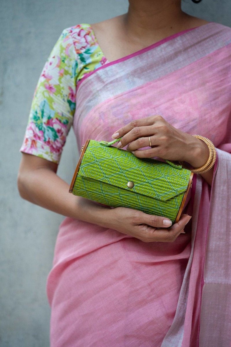 Buy Round Sling Bag/Clutch With Changeable Sleeve (Geometric Green & Double Grey Lines) | Shop Verified Sustainable Womens Handbag on Brown Living™