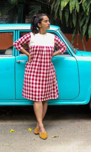 Buy Sianna Maroon Checks Kotpad Dress | Shop Verified Sustainable Womens Dress on Brown Living™