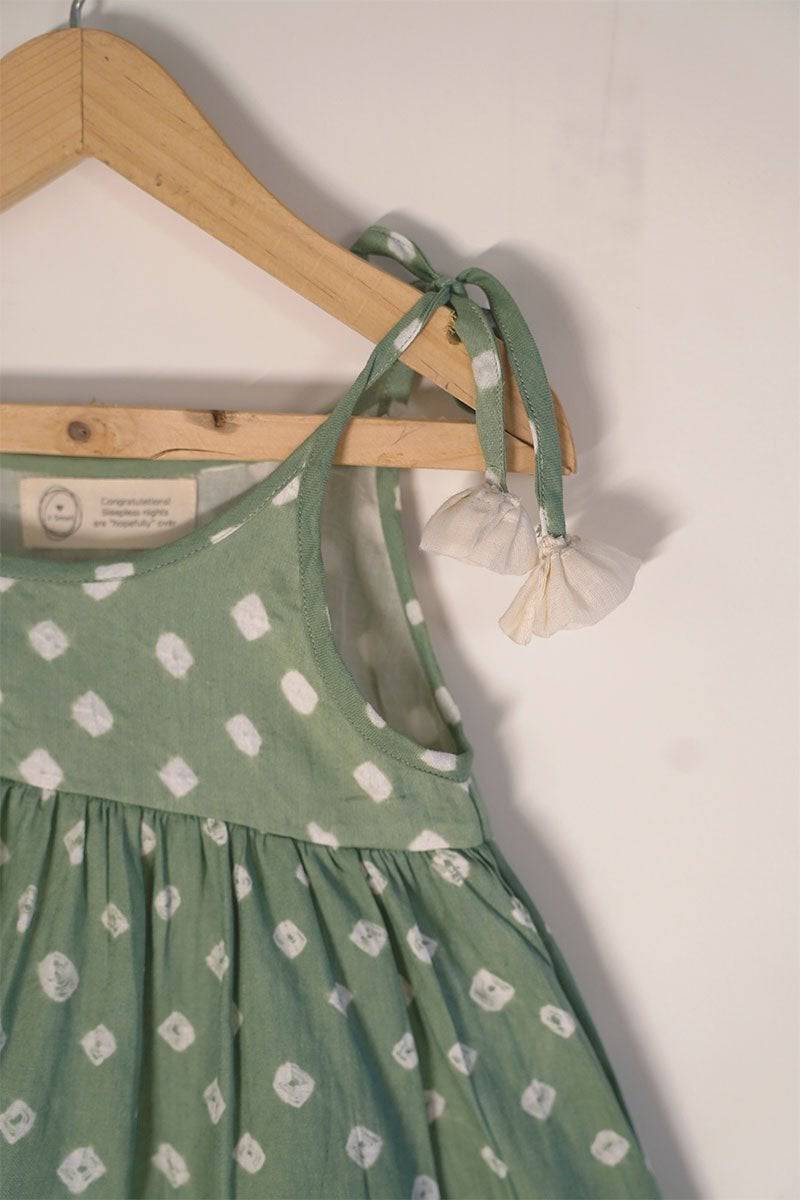 Buy Song In Your Heart' Sea Green Bandhani Infant Baby Cotton Sleeveless Tiered Dress | Shop Verified Sustainable Kids Frocks & Dresses on Brown Living™