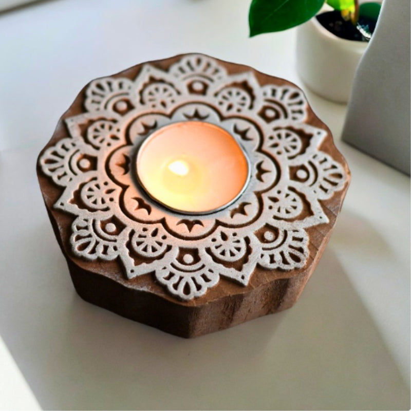 Buy Surajmukhi Tea Light Holder | Wooden handcrafted tea light holder with pack of 6 Soy Wax Tea Light Candles | Shop Verified Sustainable Candles & Fragrances on Brown Living™