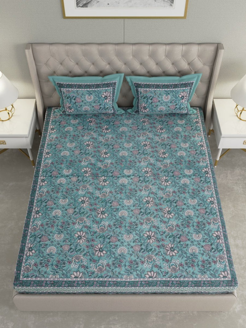 Buy Teal Floral Hand Printed Pure Cotton King Size Bedding Set | Shop Verified Sustainable Bedding on Brown Living™