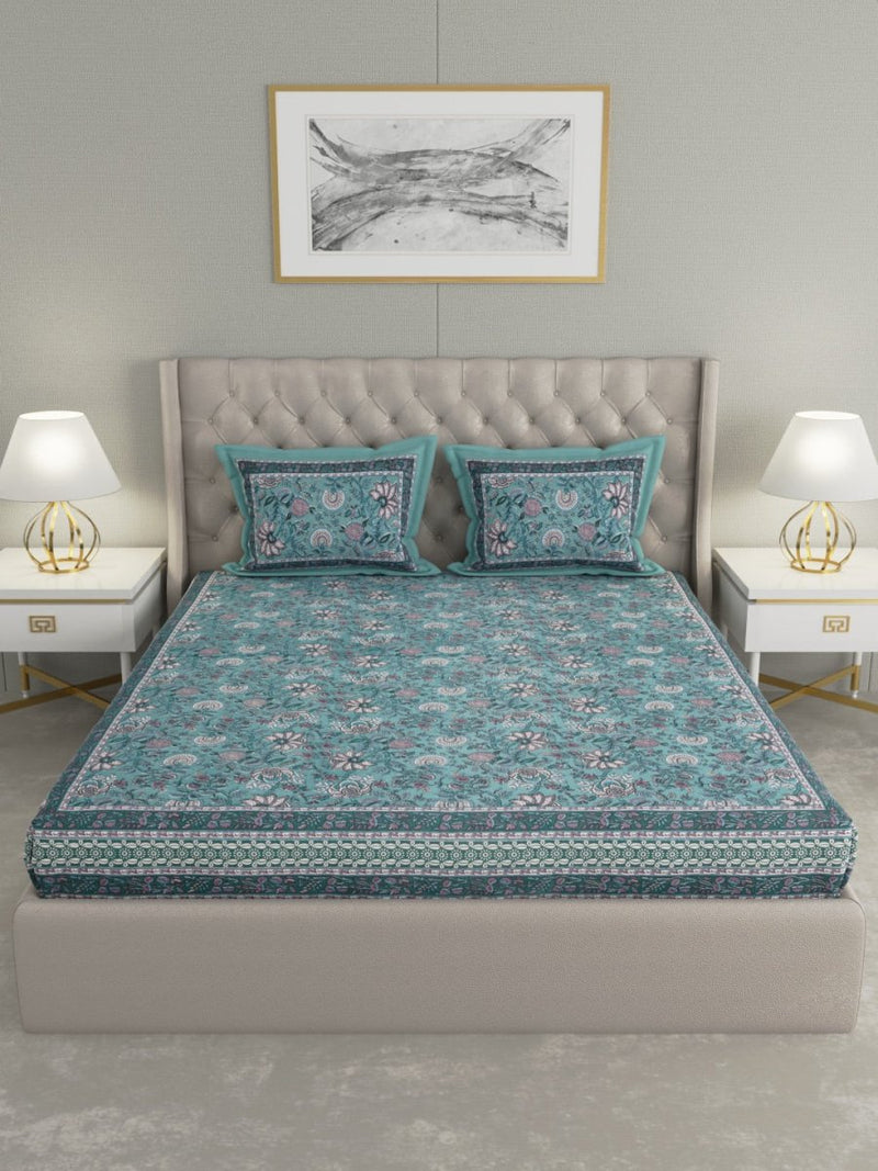 Buy Teal Floral Hand Printed Pure Cotton King Size Bedding Set | Shop Verified Sustainable Bedding on Brown Living™