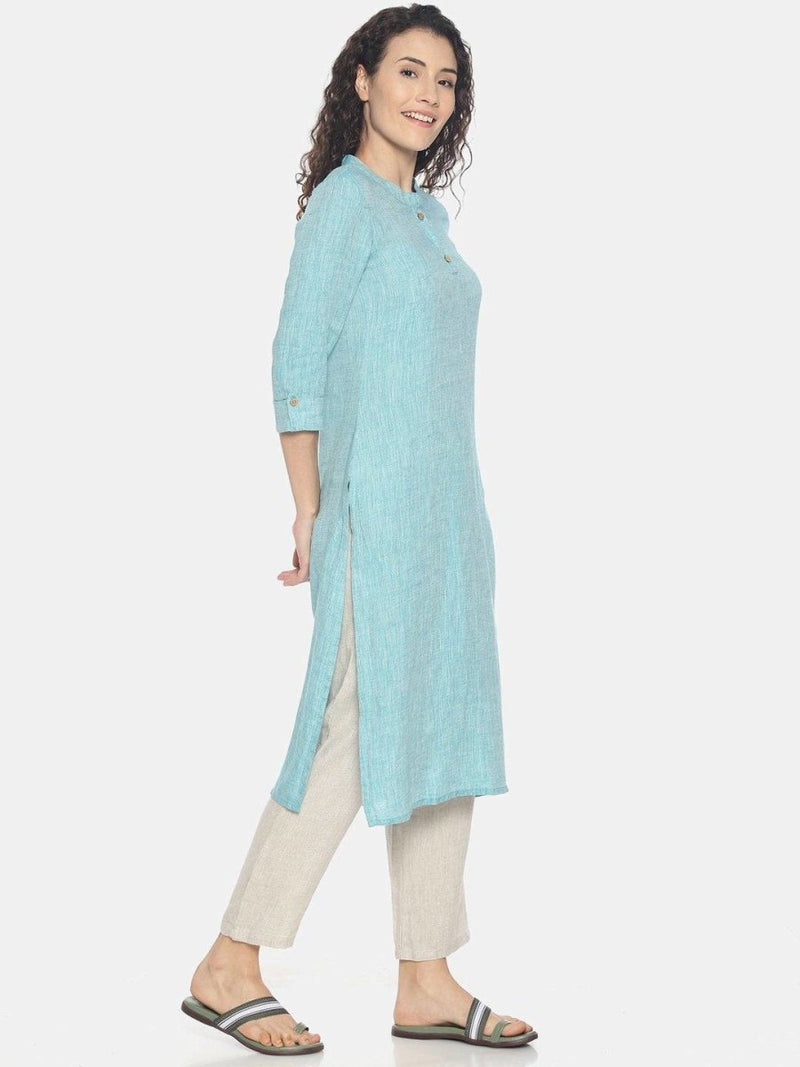 Buy Teal Green Colour Solid Hemp Straight Long Kurta For Women | Shop Verified Sustainable Womens Kurta on Brown Living™