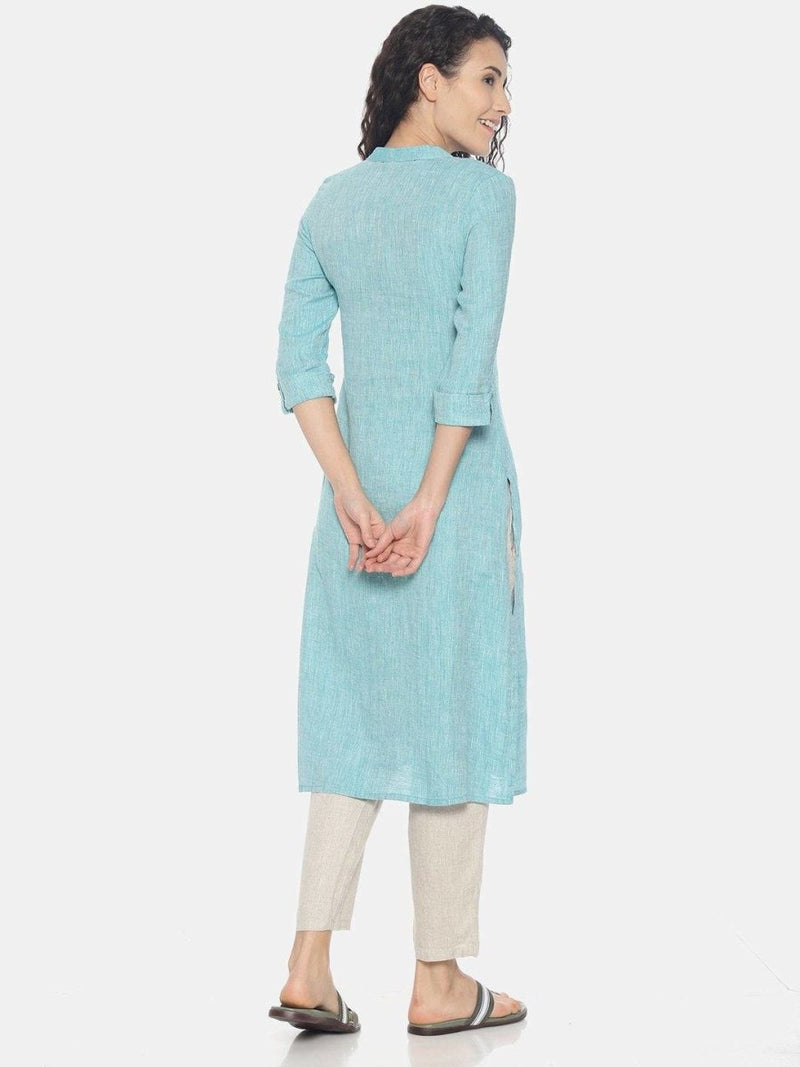 Buy Teal Green Colour Solid Hemp Straight Long Kurta For Women | Shop Verified Sustainable Womens Kurta on Brown Living™