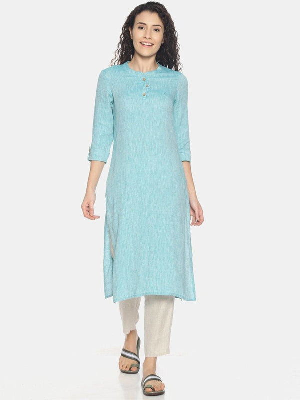 Buy Teal Green Colour Solid Hemp Straight Long Kurta For Women | Shop Verified Sustainable Womens Kurta on Brown Living™