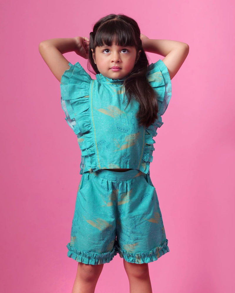 Buy Teal Salad Frill Blouse & Shorts Co-Ord Set | Shop Verified Sustainable Kids Tops on Brown Living™