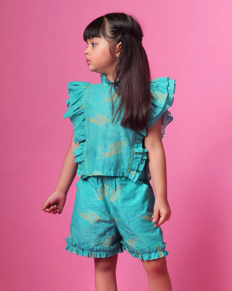 Buy Teal Salad Frill Blouse & Shorts Co-Ord Set | Shop Verified Sustainable Kids Tops on Brown Living™