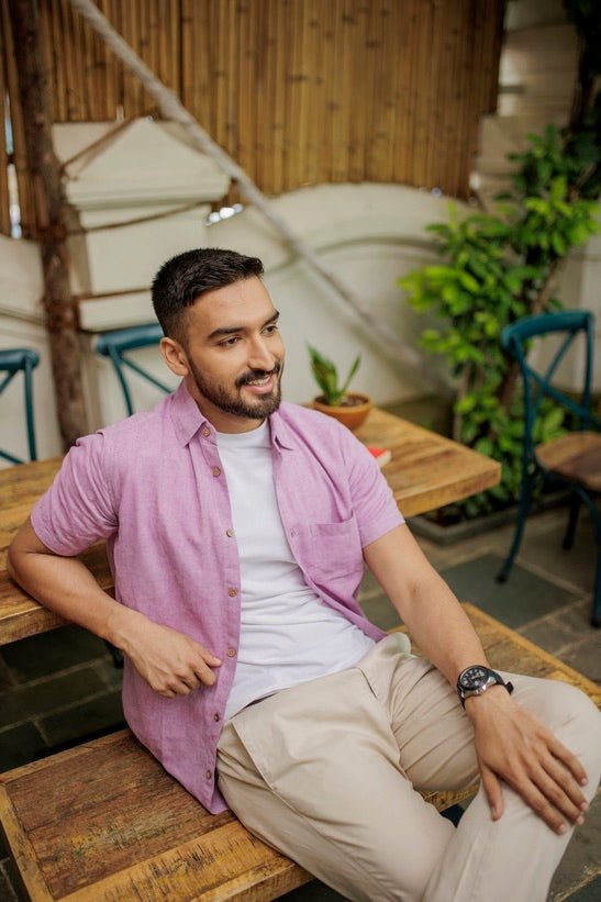 Buy TENCEL™ Lyocell-Linen Half Sleeve Shirt in Lavender | Shop Verified Sustainable Mens Shirt on Brown Living™