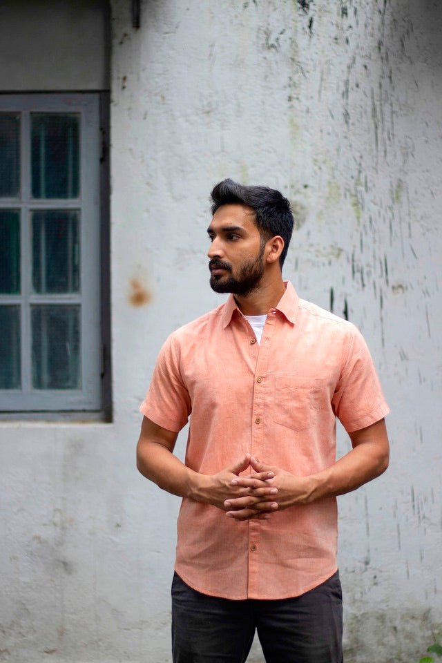 Buy TENCEL™ Lyocell-Linen Half Sleeve Shirt in Rust Orange | Shop Verified Sustainable Mens Shirt on Brown Living™