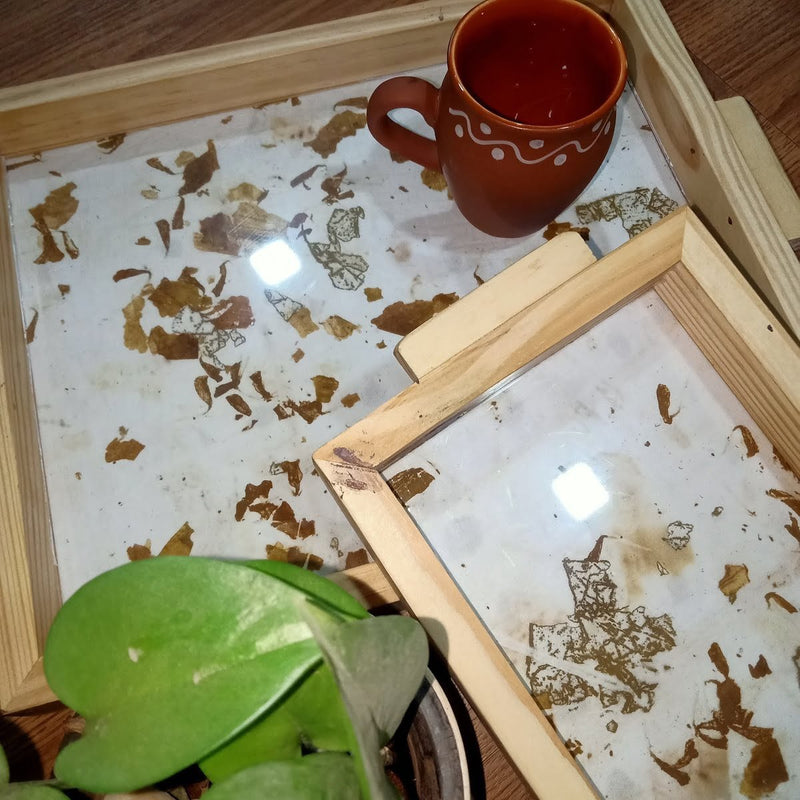 Buy Tray Set | Onion Skins Ecoprint Wooden Trays | Solid Pine Wood | Shop Verified Sustainable Trays & Platters on Brown Living™