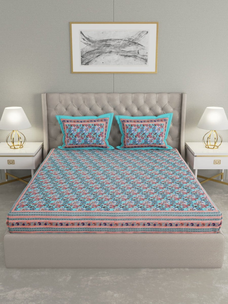 Buy Turquoise Floral Hand Printed Pure Cotton King Size Bedding Set | Shop Verified Sustainable Bedding on Brown Living™