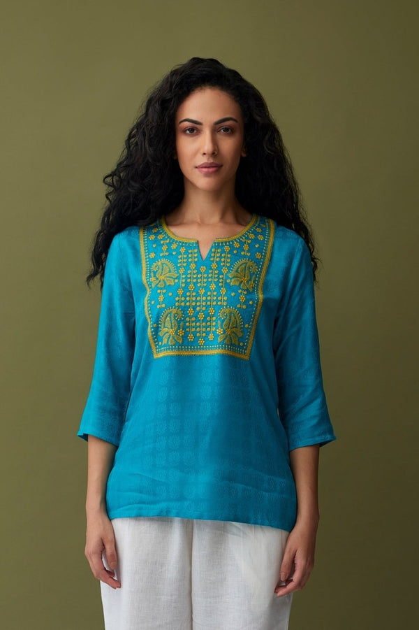 Turquoise Jacquard Embroidered Tunic | Verified Sustainable Womens Top on Brown Living™