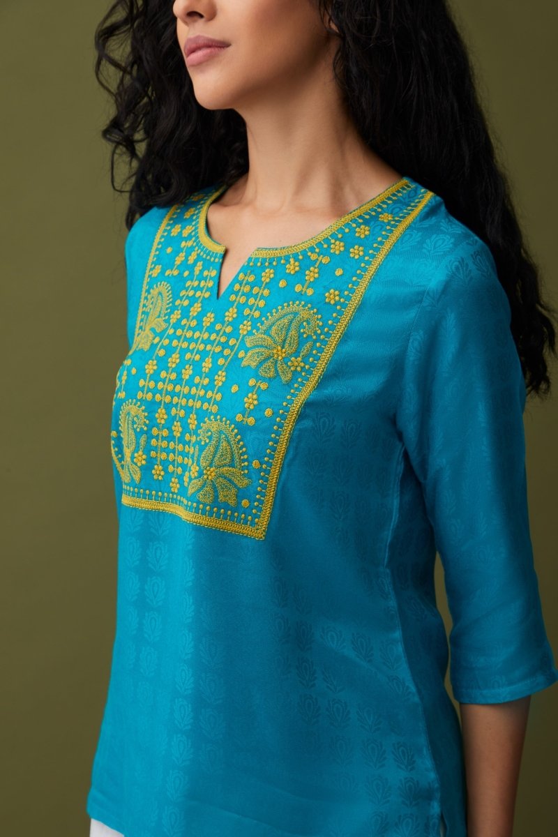 Turquoise Jacquard Embroidered Tunic | Verified Sustainable Womens Top on Brown Living™