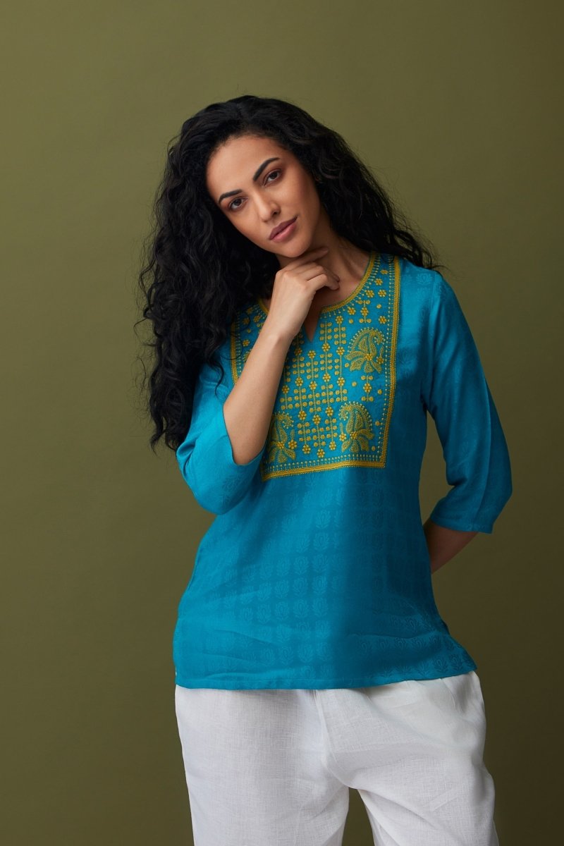 Turquoise Jacquard Embroidered Tunic | Verified Sustainable Womens Top on Brown Living™