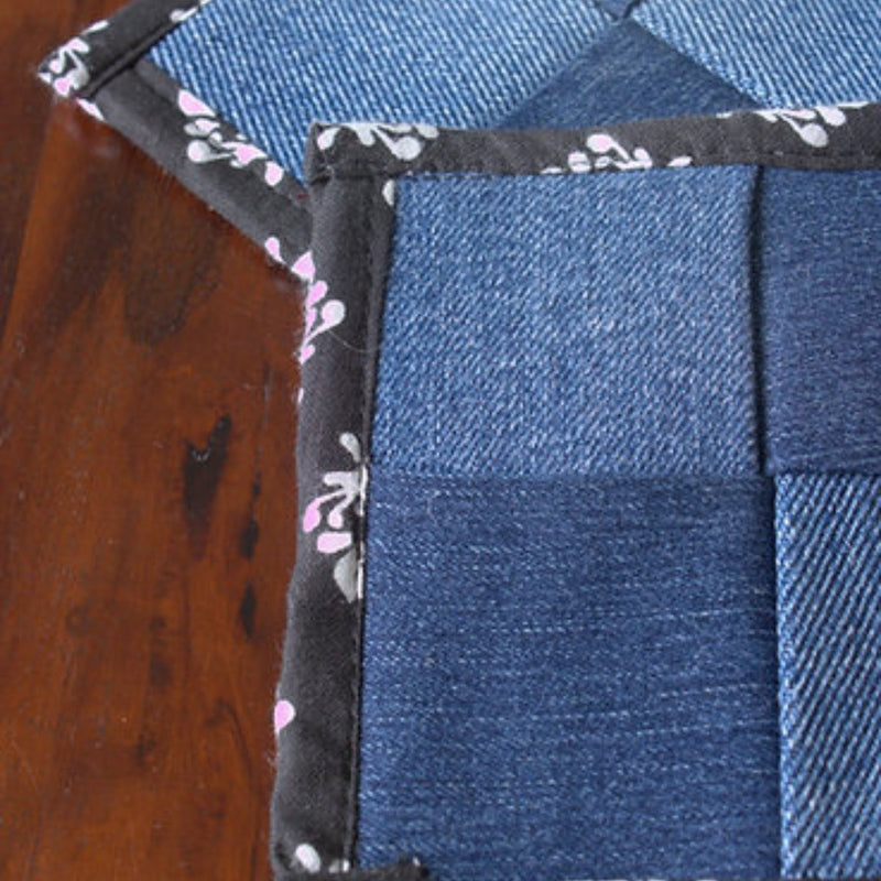 Buy Upcycled Denim Coaster Set (x4)- Black Piping | Shop Verified Sustainable Table Linens on Brown Living™