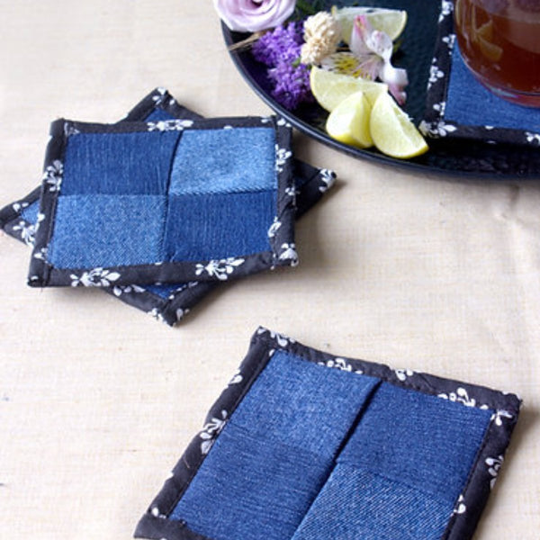 Buy Upcycled Denim Coaster Set (x4)- Black Piping | Shop Verified Sustainable Table Linens on Brown Living™