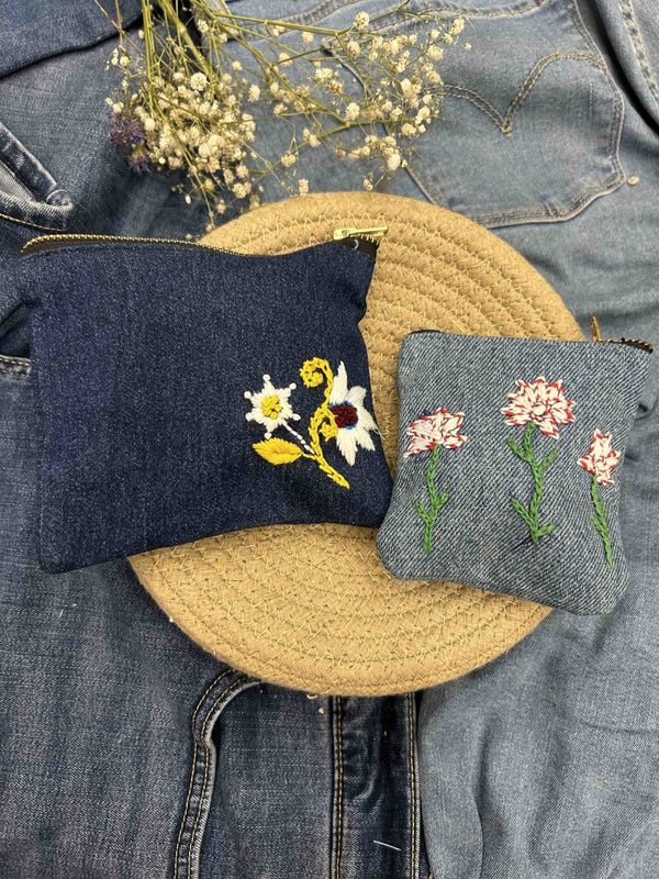 Buy Upcycled Denim Pocket and Pouch Combo | Hand Embroidered | Shop Verified Sustainable Travel Organiser on Brown Living™