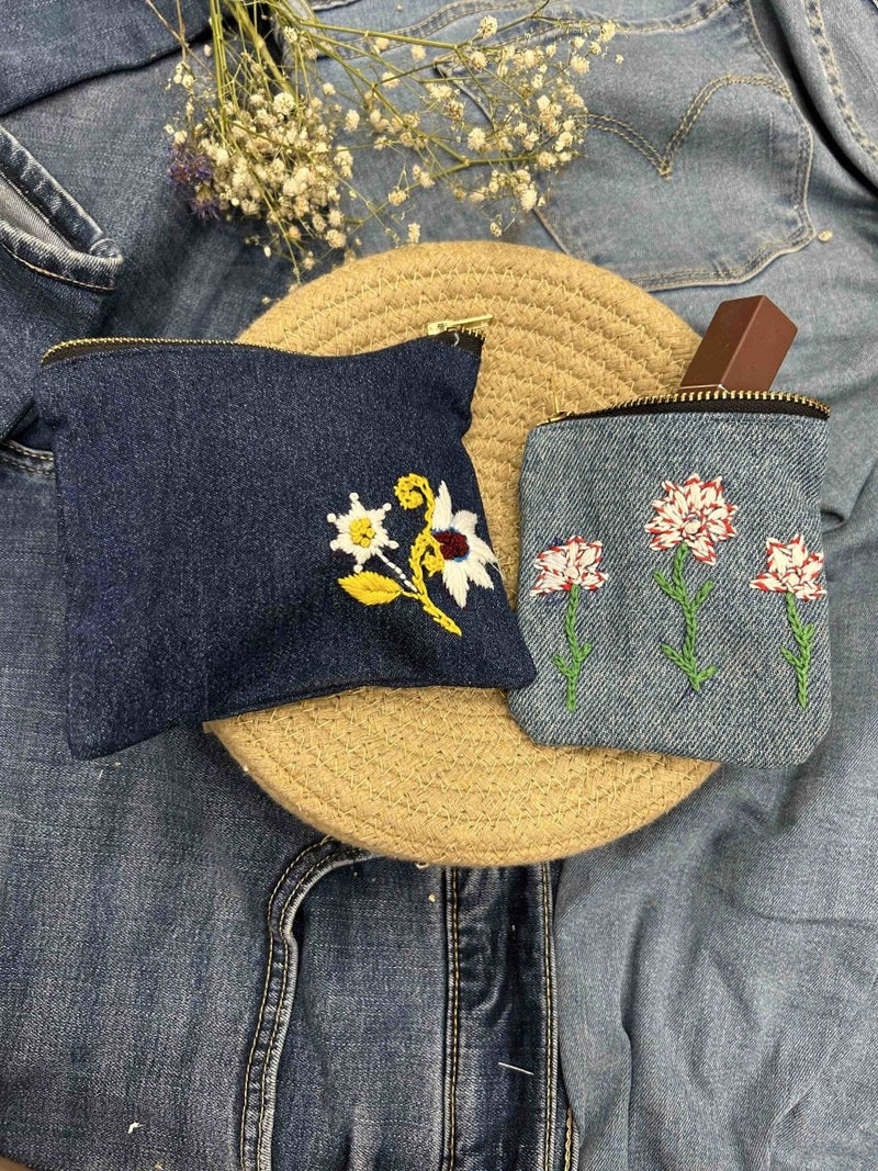 Buy Upcycled Denim Pocket and Pouch Combo | Hand Embroidered | Shop Verified Sustainable Travel Organiser on Brown Living™