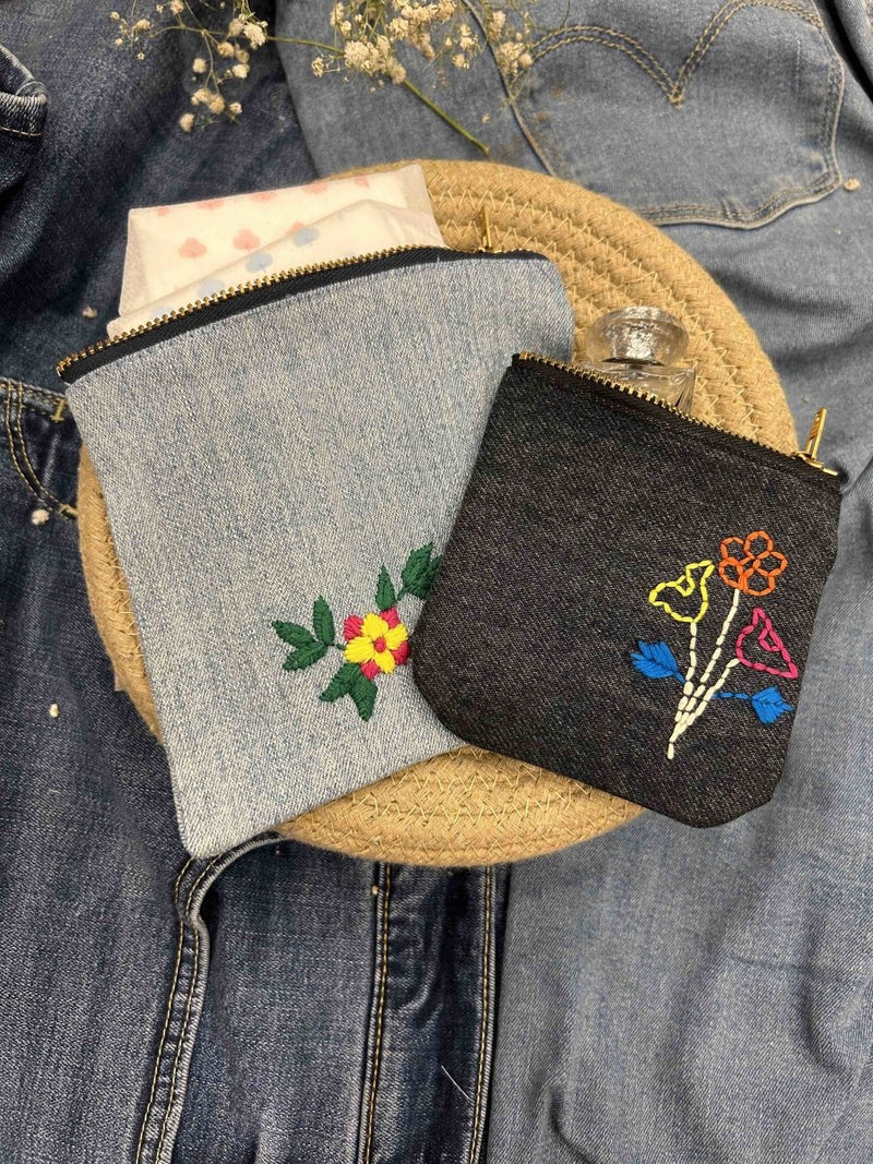 Buy Upcycled Denim Pocket and Pouch Combo | Hand Embroidered | Shop Verified Sustainable Travel Organiser on Brown Living™