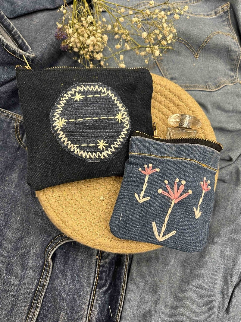 Buy Upcycled Denim Pocket and Pouch Combo | Hand Embroidered | Shop Verified Sustainable Travel Organiser on Brown Living™