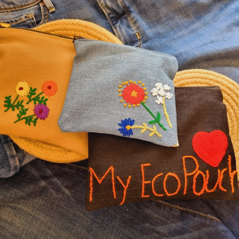 Buy Upcycled Denim Pocket and Tote Combo | Hand Embroidered Set of 3 | Shop Verified Sustainable Travel Organiser on Brown Living™