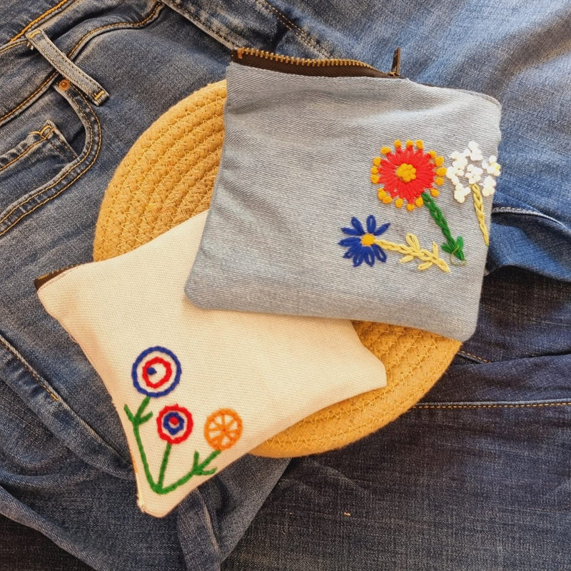 Buy Upcycled Denim Pockets Combo | Set of 2 | Hand Embroidered | Shop Verified Sustainable Reusable Bag on Brown Living™